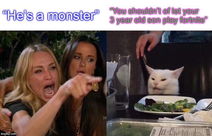 Woman Yelling At Cat | “He’s a monster”; “You shouldn’t of let your 3 year old son play fortnite” | image tagged in memes,woman yelling at cat | made w/ Imgflip meme maker