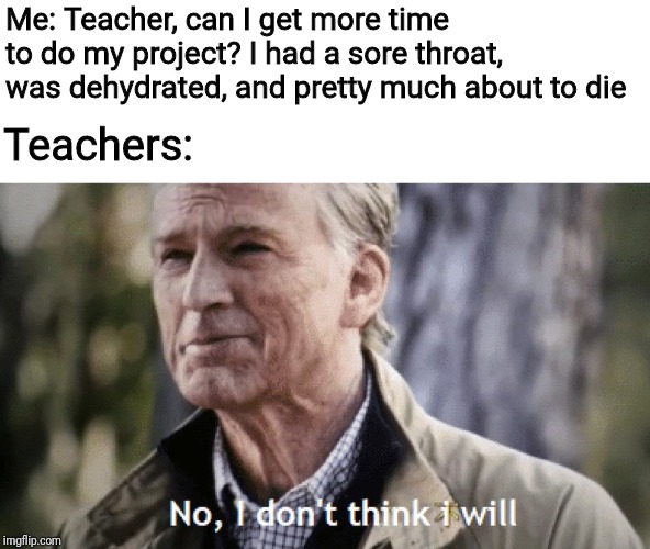 No, i dont think i will | Me: Teacher, can I get more time to do my project? I had a sore throat, was dehydrated, and pretty much about to die; Teachers: | image tagged in no i dont think i will | made w/ Imgflip meme maker