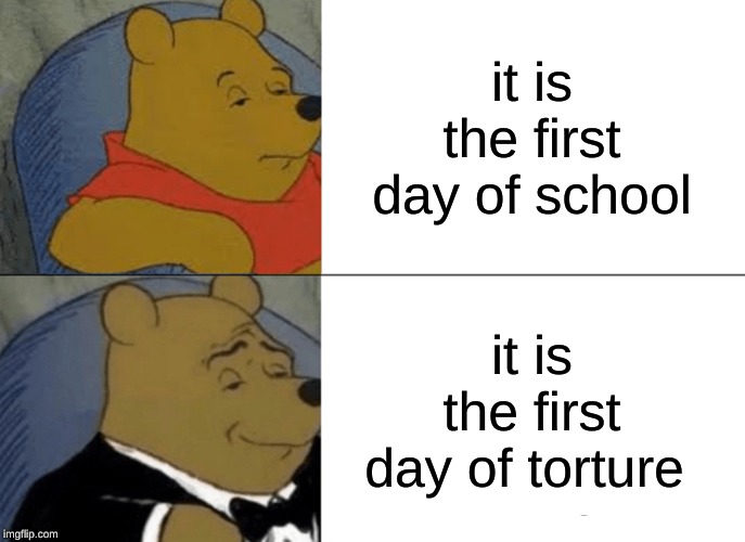 Tuxedo Winnie The Pooh | it is the first day of school; it is the first day of torture | image tagged in memes,tuxedo winnie the pooh | made w/ Imgflip meme maker