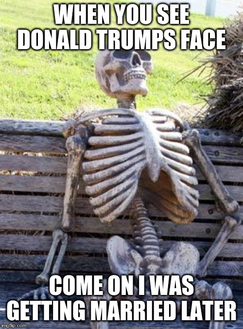 Waiting Skeleton | WHEN YOU SEE DONALD TRUMPS FACE; COME ON I WAS GETTING MARRIED LATER | image tagged in memes,waiting skeleton | made w/ Imgflip meme maker