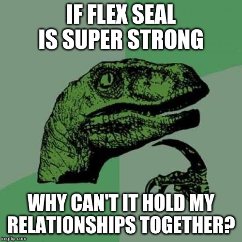 Philosoraptor | IF FLEX SEAL IS SUPER STRONG; WHY CAN'T IT HOLD MY RELATIONSHIPS TOGETHER? | image tagged in memes,philosoraptor | made w/ Imgflip meme maker