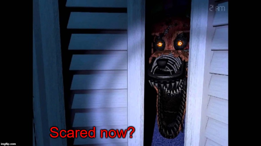 Foxy FNaF 4 | Scared now? | image tagged in foxy fnaf 4 | made w/ Imgflip meme maker