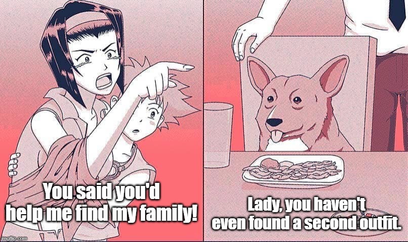 Faye vs Ein | Lady, you haven't even found a second outfit. You said you'd help me find my family! | image tagged in cowboy bebop | made w/ Imgflip meme maker