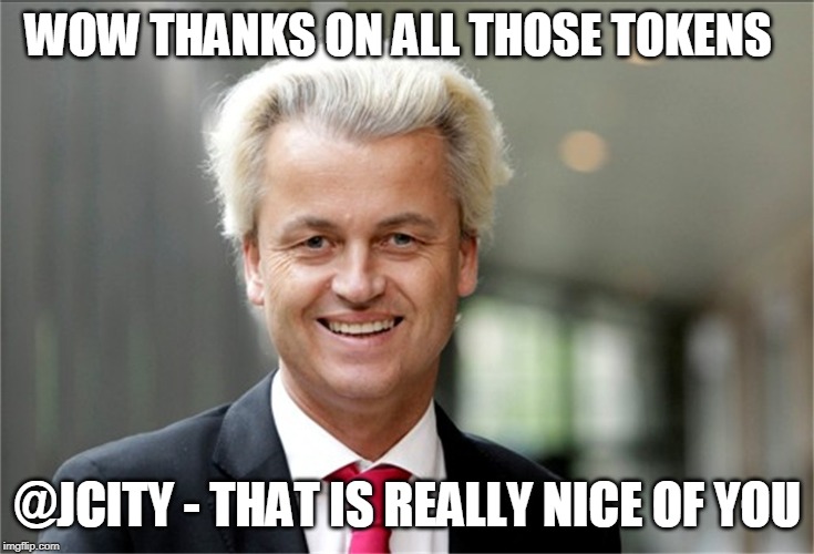 Geert wilders dat gaan we regelen | WOW THANKS ON ALL THOSE TOKENS; @JCITY - THAT IS REALLY NICE OF YOU | image tagged in geert wilders dat gaan we regelen | made w/ Imgflip meme maker