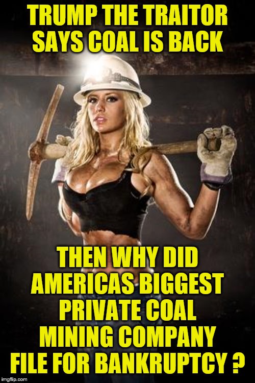 Hot blonde coal miner | TRUMP THE TRAITOR SAYS COAL IS BACK; THEN WHY DID AMERICAS BIGGEST PRIVATE COAL MINING COMPANY FILE FOR BANKRUPTCY ? | image tagged in hot blonde coal miner | made w/ Imgflip meme maker