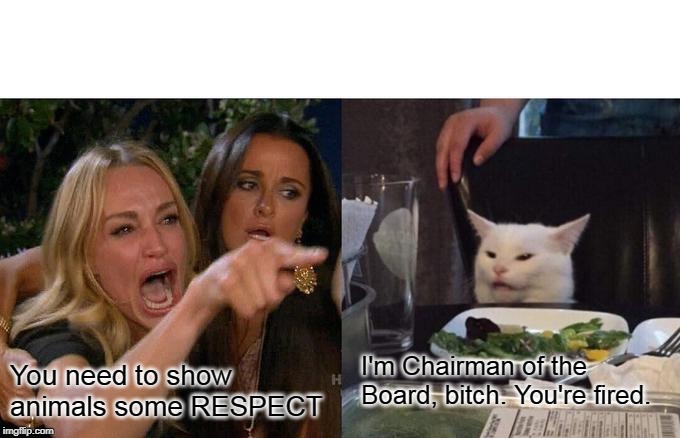 Woman Yelling At Cat Meme | I'm Chairman of the Board, bitch. You're fired. You need to show animals some RESPECT | image tagged in memes,woman yelling at cat | made w/ Imgflip meme maker