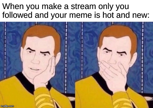 Sarcastically surprised Kirk | When you make a stream only you followed and your meme is hot and new: | image tagged in sarcastically surprised kirk | made w/ Imgflip meme maker