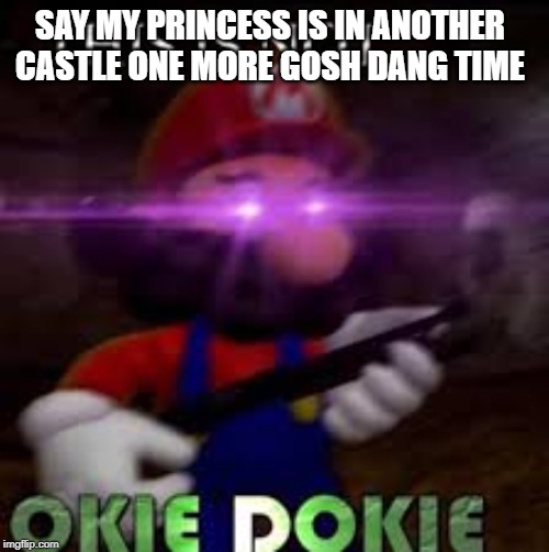 This is not okie dokie | SAY MY PRINCESS IS IN ANOTHER CASTLE ONE MORE GOSH DANG TIME | image tagged in this is not okie dokie | made w/ Imgflip meme maker