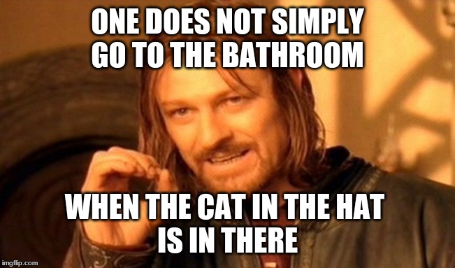 ONE DOES NOT SIMPLY
GO TO THE BATHROOM WHEN THE CAT IN THE HAT 
IS IN THERE | image tagged in memes,one does not simply | made w/ Imgflip meme maker