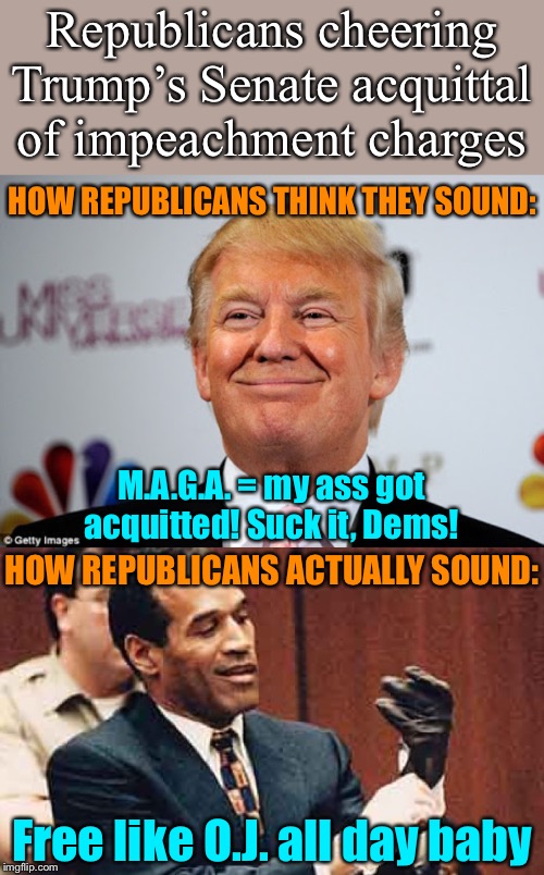 Trump is acquitted forever — especially if he has the power to pardon himself! | Republicans cheering Trump’s Senate acquittal of impeachment charges; HOW REPUBLICANS THINK THEY SOUND:; M.A.G.A. = my ass got acquitted! Suck it, Dems! HOW REPUBLICANS ACTUALLY SOUND:; Free like O.J. all day baby | image tagged in donald trump approves,oj simpson,trump impeachment,impeach trump,trial,conservative logic | made w/ Imgflip meme maker
