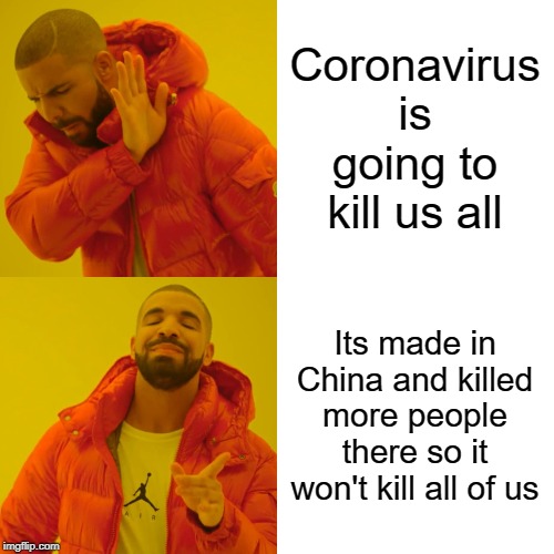 Coronavirus is going to kill us all Its made in China and killed more people there so it won't kill all of us | image tagged in memes,drake hotline bling | made w/ Imgflip meme maker