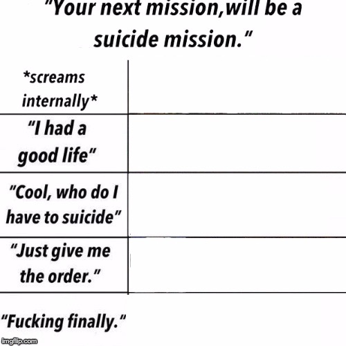 High Quality "Your next mission will be a suicide mission" Blank Meme Template