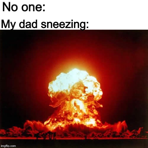 I swear I feel the ground shaking when he does | No one:; My dad sneezing: | image tagged in memes,nuclear explosion,sneezing,dad | made w/ Imgflip meme maker