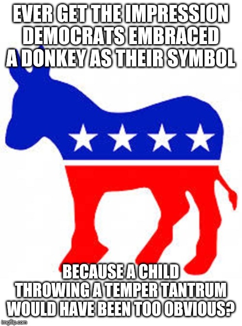 Symbols have meaning, especially in politics. | EVER GET THE IMPRESSION DEMOCRATS EMBRACED A DONKEY AS THEIR SYMBOL; BECAUSE A CHILD THROWING A TEMPER TANTRUM WOULD HAVE BEEN TOO OBVIOUS? | image tagged in democrat donkey,symbolism,better,bad idea | made w/ Imgflip meme maker