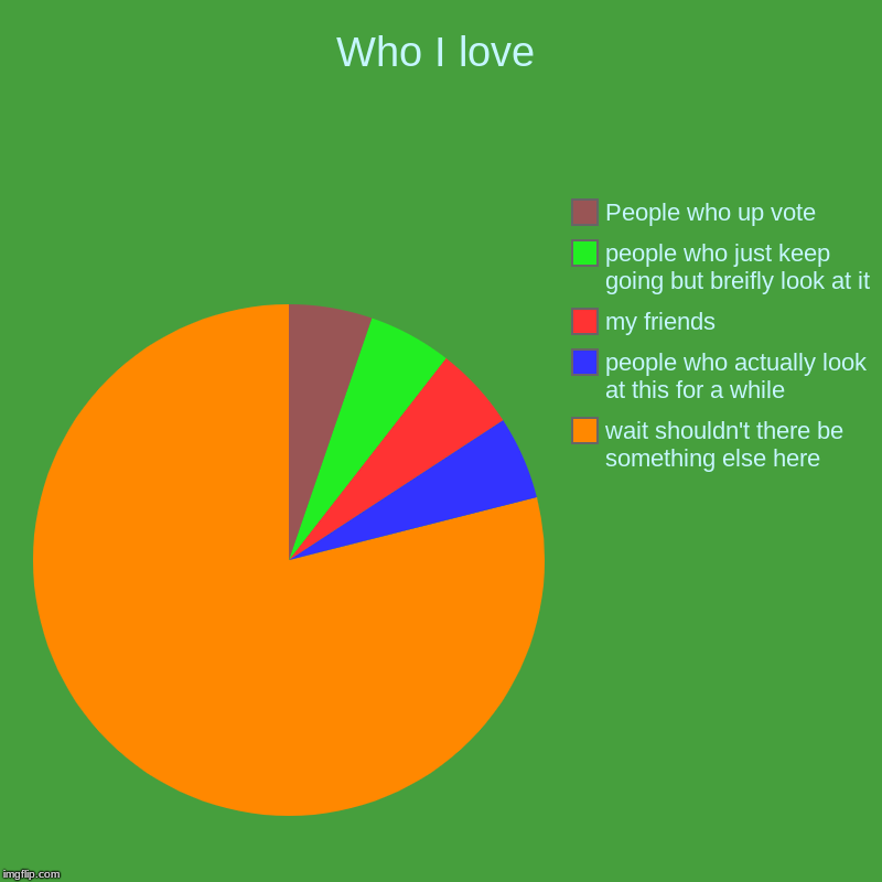 Who I love | wait shouldn't there be something else here, people who actually look at this for a while, my friends, people who just keep goi | image tagged in charts,pie charts | made w/ Imgflip chart maker