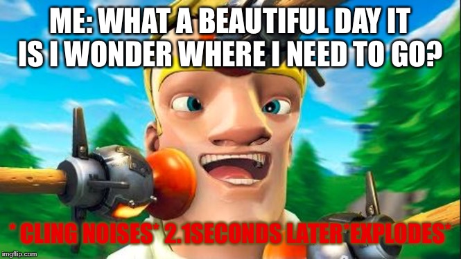 Default Noob | ME: WHAT A BEAUTIFUL DAY IT IS I WONDER WHERE I NEED TO GO? * CLING NOISES* 2.1SECONDS LATER*EXPLODES* | image tagged in default noob | made w/ Imgflip meme maker