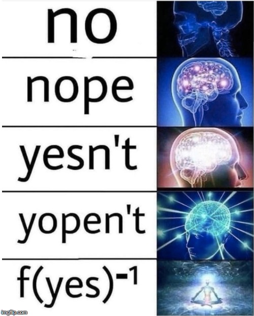 NO 
NOPE 
YESN'T 
YOPEN'T
F(YES)^-1 | image tagged in expanding brain | made w/ Imgflip meme maker