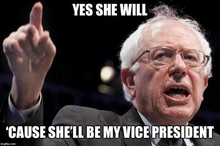 Bernie Sanders | YES SHE WILL ‘CAUSE SHE’LL BE MY VICE PRESIDENT | image tagged in bernie sanders | made w/ Imgflip meme maker
