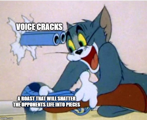 Tom and Jerry | VOICE CRACKS; A ROAST THAT WILL SHATTER THE OPPONENTS LIFE INTO PIECES | image tagged in tom and jerry | made w/ Imgflip meme maker
