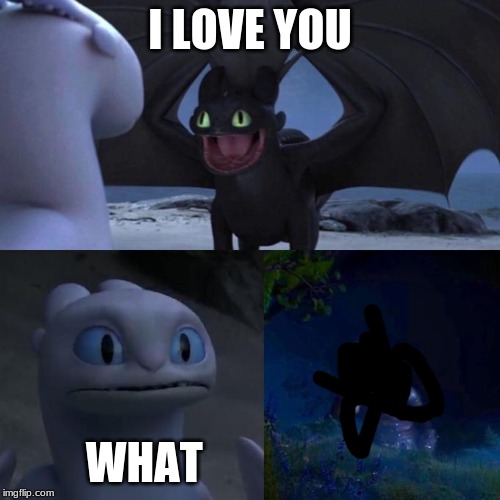 Toothless presents himself | I LOVE YOU; WHAT | image tagged in toothless presents himself | made w/ Imgflip meme maker