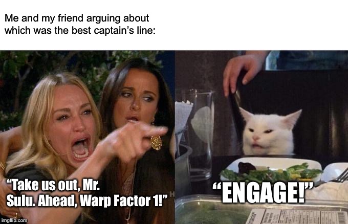 “Do it!” (Janeway) | Me and my friend arguing about which was the best captain’s line:; “Take us out, Mr. Sulu. Ahead, Warp Factor 1!”; “ENGAGE!” | image tagged in memes,woman yelling at cat | made w/ Imgflip meme maker