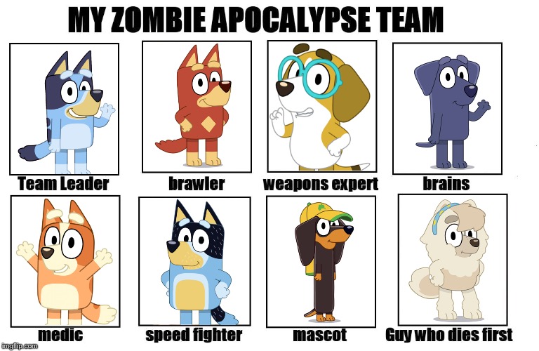 I can’t wait to see this | image tagged in my zombie apocalypse team,bluey | made w/ Imgflip meme maker