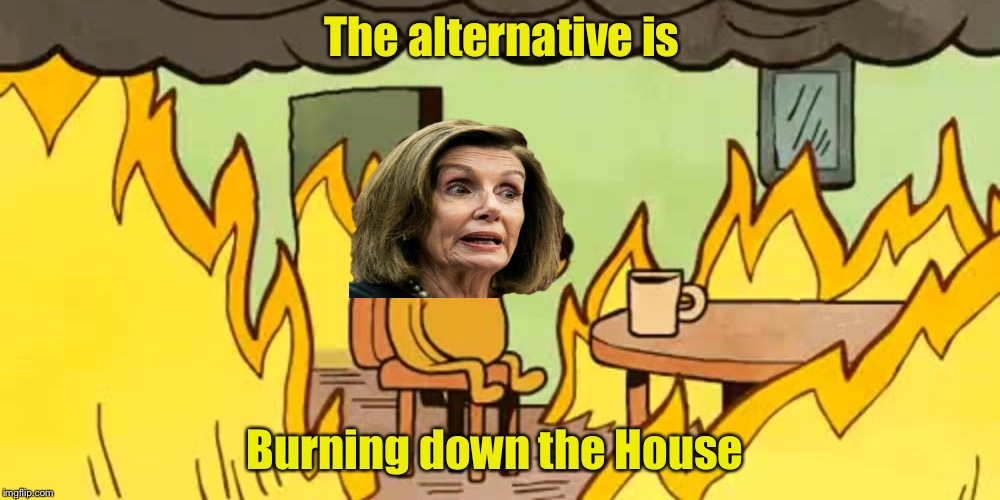 “It was the courteous thing to do - considering the alternative” (i.e. burning it) | The alternative is; Burning down the House | image tagged in dog on fire,nancy pelosi,house of representatives,sotu | made w/ Imgflip meme maker