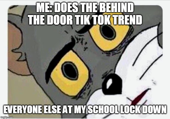 Disturbed Tom | ME: DOES THE BEHIND THE DOOR TIK TOK TREND; EVERYONE ELSE AT MY SCHOOL LOCK DOWN | image tagged in disturbed tom | made w/ Imgflip meme maker