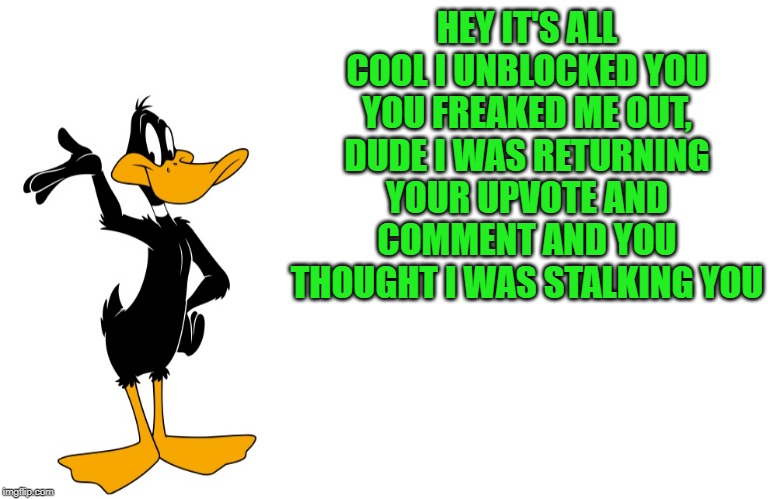 daffy speaking | HEY IT'S ALL COOL I UNBLOCKED YOU YOU FREAKED ME OUT, DUDE I WAS RETURNING YOUR UPVOTE AND COMMENT AND YOU THOUGHT I WAS STALKING YOU | image tagged in daffy speaking | made w/ Imgflip meme maker