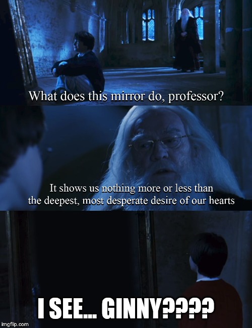 Harry potter mirror | I SEE... GINNY???? | image tagged in harry potter mirror | made w/ Imgflip meme maker