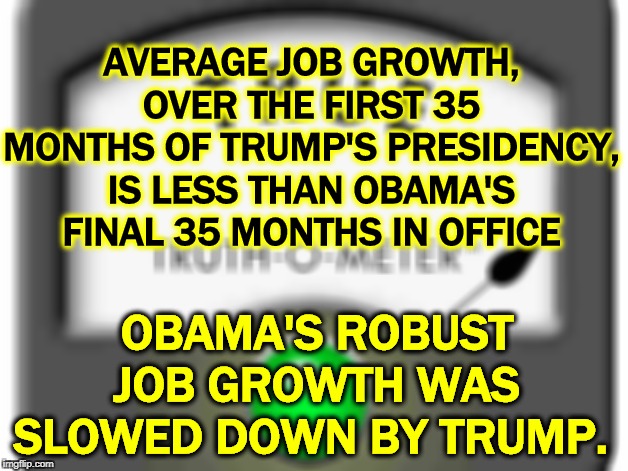 Trump slowed Obama's job growth. | AVERAGE JOB GROWTH, OVER THE FIRST 35 MONTHS OF TRUMP'S PRESIDENCY, IS LESS THAN OBAMA'S FINAL 35 MONTHS IN OFFICE; OBAMA'S ROBUST JOB GROWTH WAS SLOWED DOWN BY TRUMP. | image tagged in obama,jobs,trump,slow,lies | made w/ Imgflip meme maker