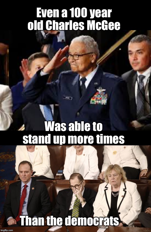 Democrats don’t even pretend to care about America anymore.  They are nothing but hate and rage.  And the media encourages them. | Even a 100 year old Charles McGee; Was able to stand up more times; Than the democrats | image tagged in maga | made w/ Imgflip meme maker