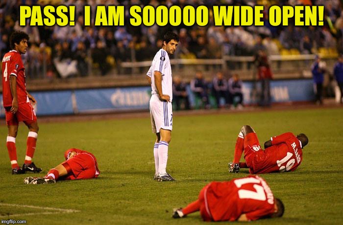 Soccer Players Down | PASS!  I AM SOOOOO WIDE OPEN! | image tagged in soccer players down | made w/ Imgflip meme maker