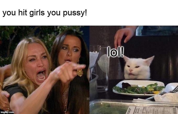 Woman Yelling At Cat Meme | you hit girls you pussy! lol! | image tagged in memes,woman yelling at cat | made w/ Imgflip meme maker