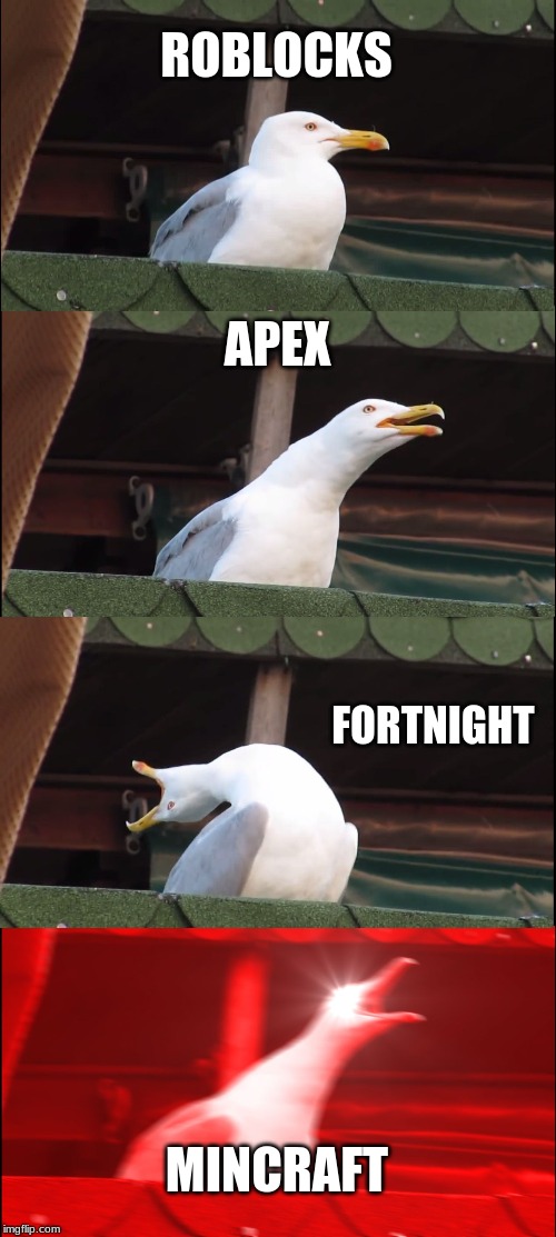 Inhaling Seagull Meme | ROBLOCKS; APEX; FORTNIGHT; MINCRAFT | image tagged in memes,inhaling seagull | made w/ Imgflip meme maker