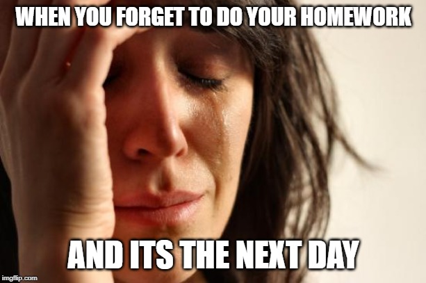 First World Problems Meme | WHEN YOU FORGET TO DO YOUR HOMEWORK; AND ITS THE NEXT DAY | image tagged in memes,first world problems | made w/ Imgflip meme maker