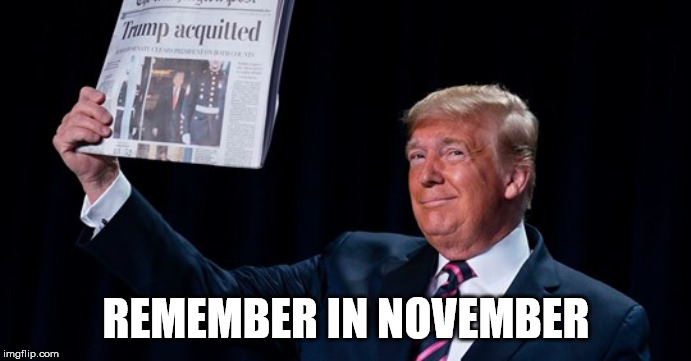 REMEMBER IN NOVEMBER | image tagged in trump,acquitted,remember,november | made w/ Imgflip meme maker