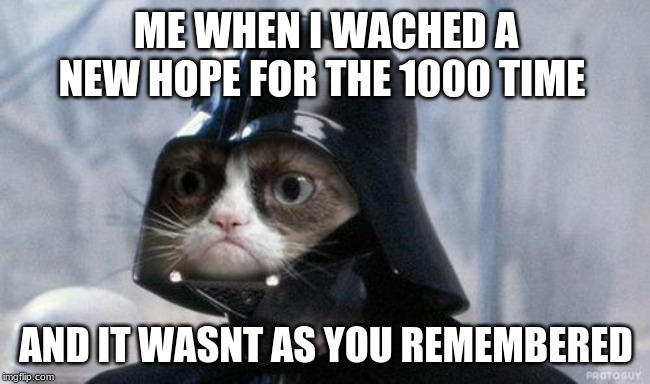 Grumpy Cat Star Wars Meme | ME WHEN I WACHED A NEW HOPE FOR THE 1000 TIME; AND IT WASNT AS YOU REMEMBERED | image tagged in memes,grumpy cat star wars,grumpy cat | made w/ Imgflip meme maker