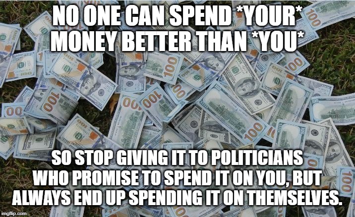 Money hundred dollar bills | NO ONE CAN SPEND *YOUR* MONEY BETTER THAN *YOU*; SO STOP GIVING IT TO POLITICIANS WHO PROMISE TO SPEND IT ON YOU, BUT ALWAYS END UP SPENDING IT ON THEMSELVES. | image tagged in money hundred dollar bills | made w/ Imgflip meme maker