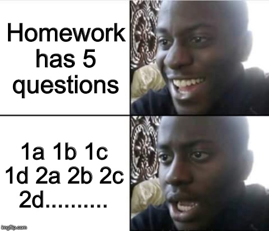 Homework has 5 questions; 1a 1b 1c 1d 2a 2b 2c 2d. image tagged in happy th...