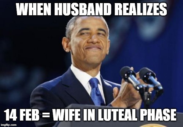 2nd Term Obama |  WHEN HUSBAND REALIZES; 14 FEB = WIFE IN LUTEAL PHASE | image tagged in memes,2nd term obama | made w/ Imgflip meme maker