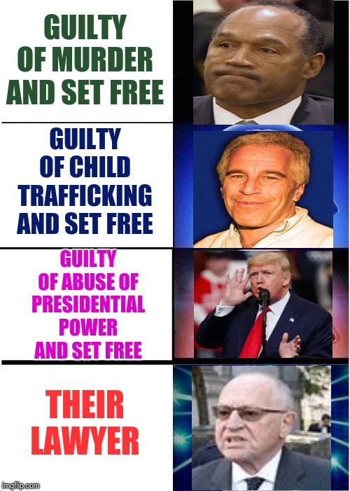 The Lawyer Is Guilty And Set Free Too | GUILTY OF MURDER AND SET FREE; GUILTY OF CHILD TRAFFICKING AND SET FREE; GUILTY OF ABUSE OF PRESIDENTIAL POWER AND SET FREE; THEIR LAWYER | image tagged in memes,expanding brain,trump unfit unqualified dangerous,guilty,criminals,trump lies | made w/ Imgflip meme maker