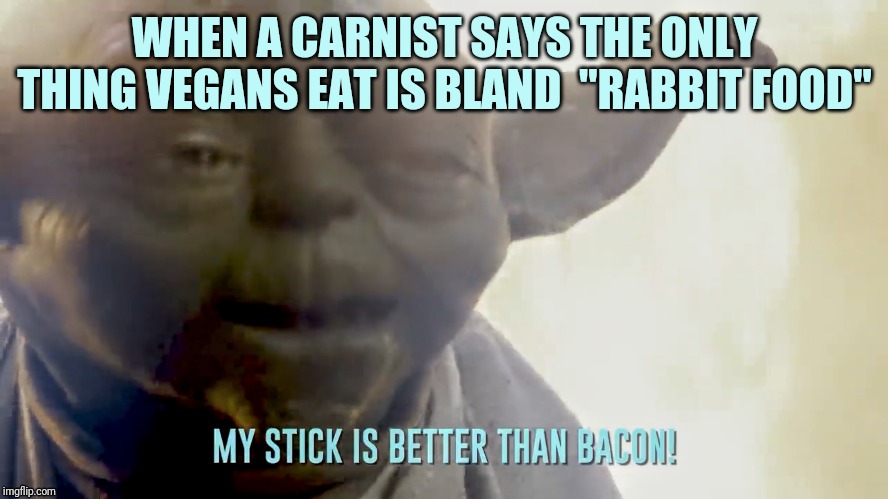 Vegan Yoda | WHEN A CARNIST SAYS THE ONLY THING VEGANS EAT IS BLAND  "RABBIT FOOD" | image tagged in yoda,vegan,stick,star wars meme,bacon meme,animal rights | made w/ Imgflip meme maker