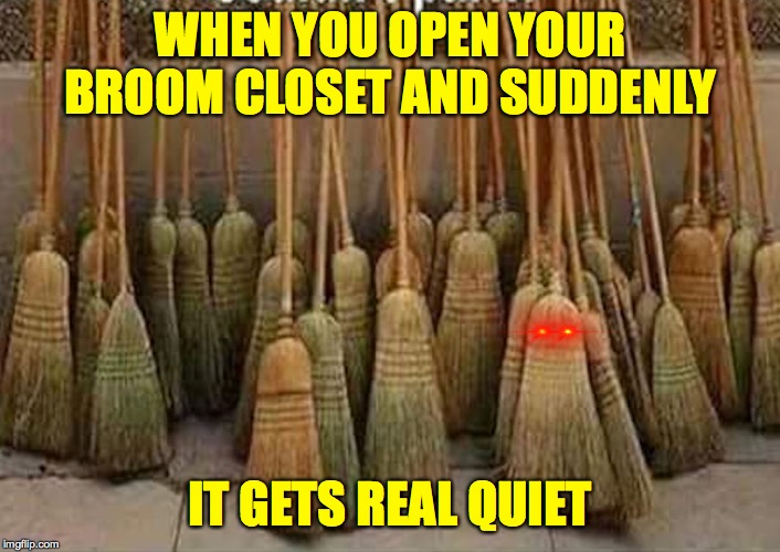 Unwelcome. | WHEN YOU OPEN YOUR BROOM CLOSET AND SUDDENLY; IT GETS REAL QUIET | image tagged in broom,memes,paranoid yet | made w/ Imgflip meme maker