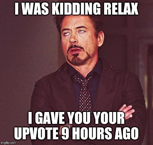 Robert Downey Jr Annoyed | I WAS KIDDING RELAX I GAVE YOU YOUR UPVOTE 9 HOURS AGO | image tagged in robert downey jr annoyed | made w/ Imgflip meme maker