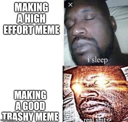 i sleep real shit | MAKING A HIGH EFFORT MEME; MAKING A GOOD TRASHY MEME | image tagged in i sleep real shit | made w/ Imgflip meme maker