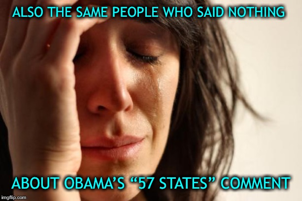 First World Problems Meme | ALSO THE SAME PEOPLE WHO SAID NOTHING ABOUT OBAMA’S “57 STATES” COMMENT | image tagged in memes,first world problems | made w/ Imgflip meme maker