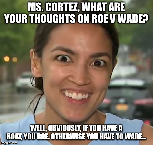roe v wade v cortez. | MS. CORTEZ, WHAT ARE YOUR THOUGHTS ON ROE V WADE? WELL, OBVIOUSLY, IF YOU HAVE A BOAT, YOU ROE. OTHERWISE YOU HAVE TO WADE... | image tagged in roe v wade | made w/ Imgflip meme maker