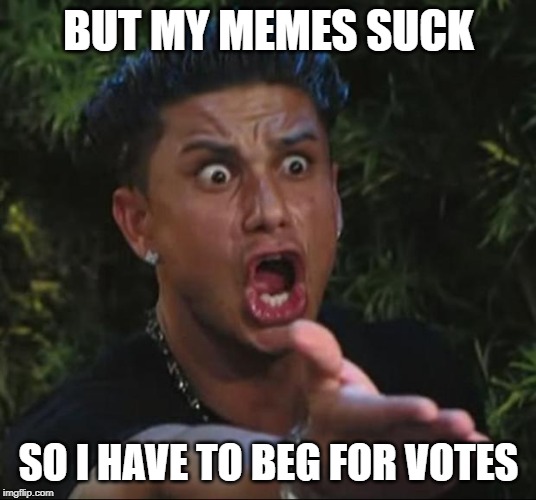 DJ Pauly D Meme | BUT MY MEMES SUCK SO I HAVE TO BEG FOR VOTES | image tagged in memes,dj pauly d | made w/ Imgflip meme maker