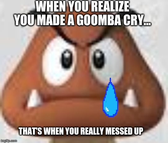 The depressed Goomba Meme | WHEN YOU REALIZE YOU MADE A GOOMBA CRY... THAT'S WHEN YOU REALLY MESSED UP | image tagged in gifs,super mario bros,crying | made w/ Imgflip meme maker